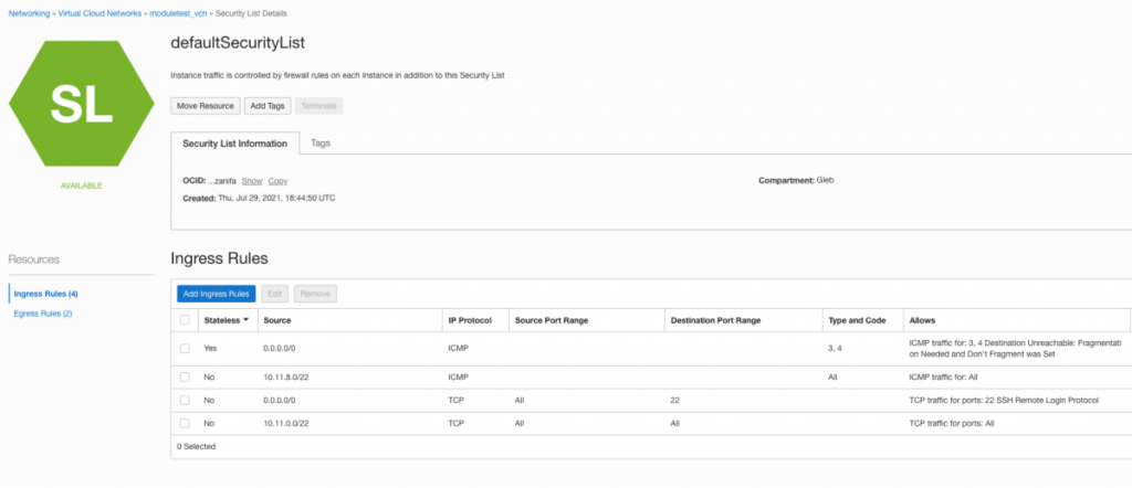 default security list