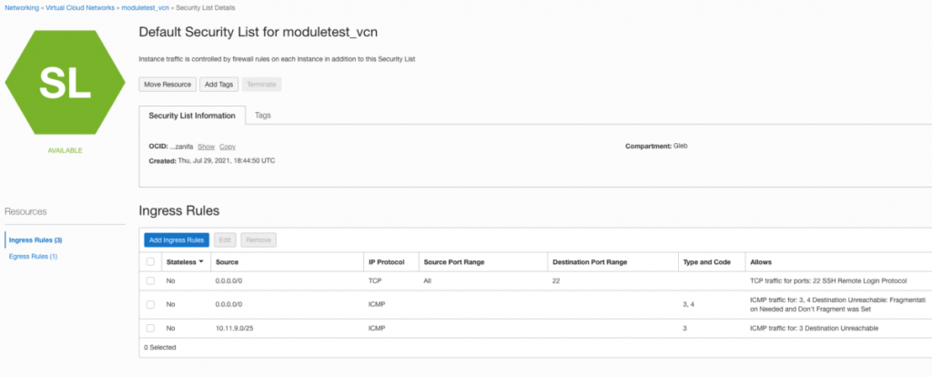 default security list for moduletest vcn